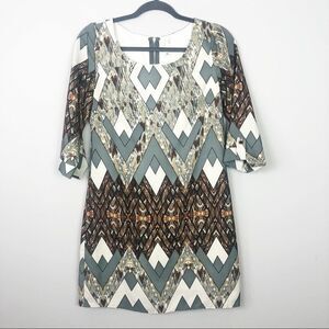 PINK OWL | Earthy Tones 3/4 Sleeve Mini Gray White Dress Women’s Size Small